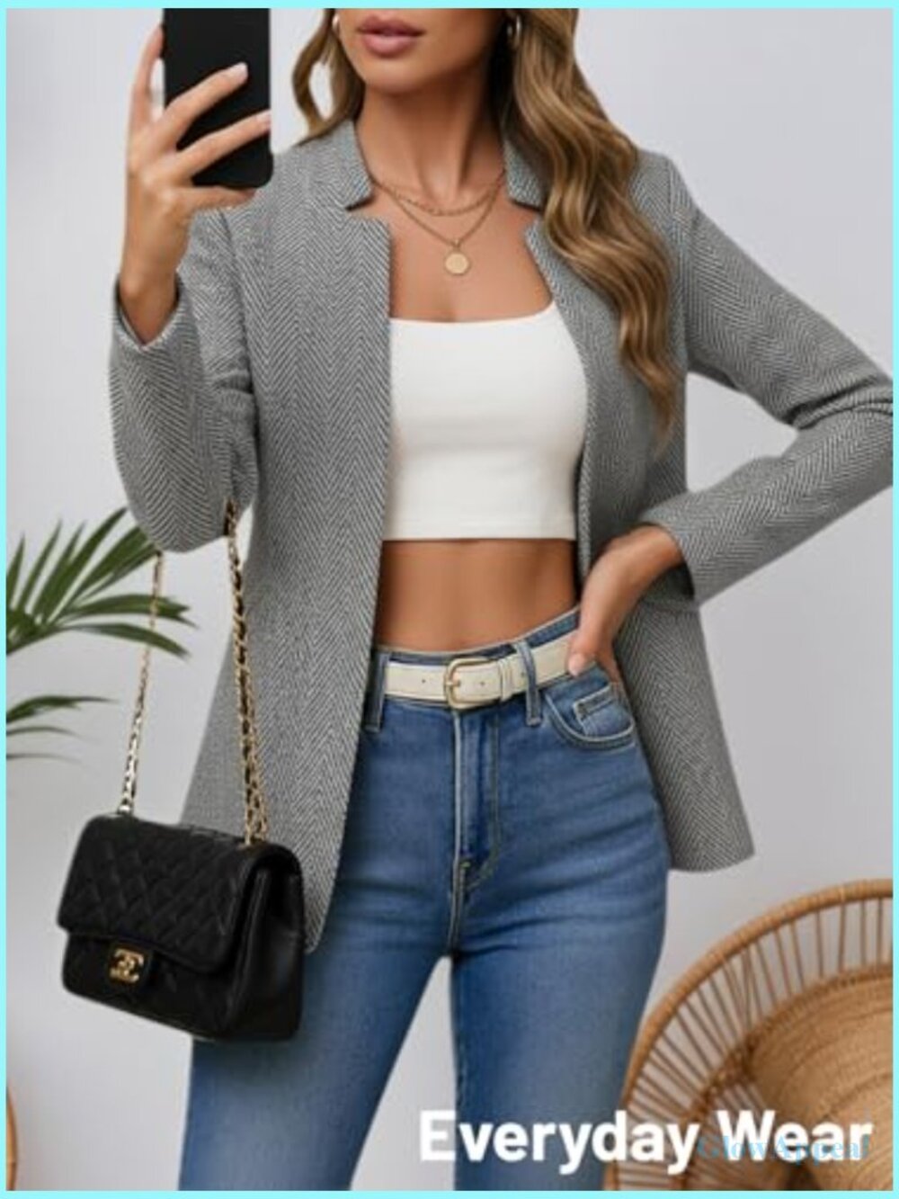 Women's Herringbone Tweed Blazer Jacket Slim Fit Notch Collar Work Casual - Picture 5 of 7